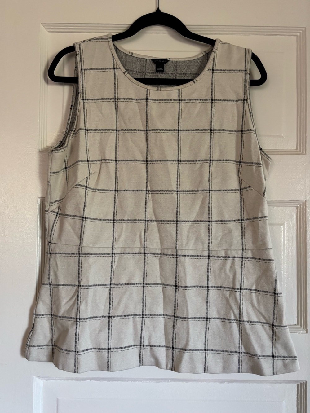 Ann Taylor Cream/White Windowpane Sleeveless Peplum Top
